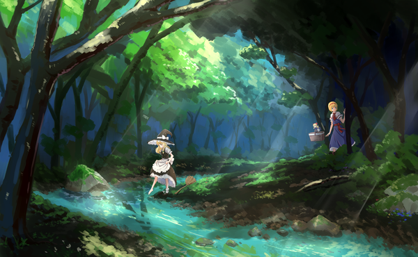 Anime picture 3000x1854 with touhou kirisame marisa alice margatroid shanghai shiya long hair highres short hair blonde hair wide image standing multiple girls yellow eyes looking away braid (braids) sunlight short sleeves puffy sleeves looking down standing on one leg