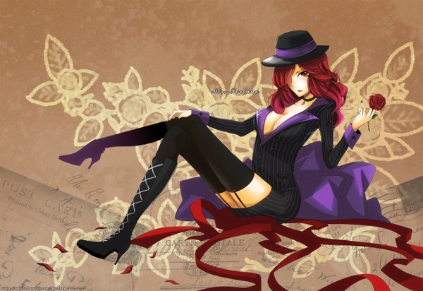 Anime picture 1300x894 with league of legends miss fortune (league of legends) single looking at viewer fringe short hair breasts red eyes large breasts cleavage red hair hair over one eye girl thighhighs black thighhighs hat rose (roses) pendant thigh boots
