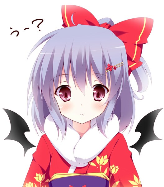 Anime picture 800x910 with touhou remilia scarlet kurono yuzuko single tall image blush short hair simple background white background purple hair ahoge traditional clothes japanese clothes pink eyes alternate costume one side up text alternate hairstyle bat wings cute