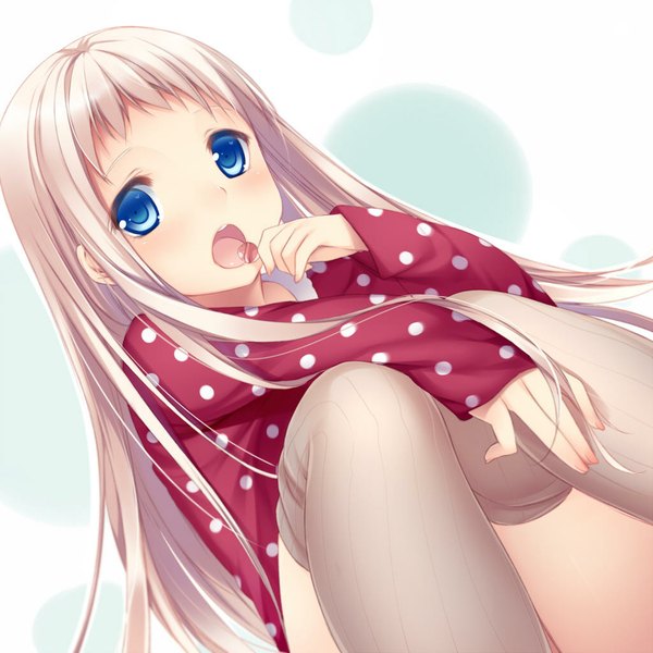 Anime picture 1024x1024 with original itou nanami single long hair looking at viewer open mouth blue eyes white hair polka dot girl thighhighs