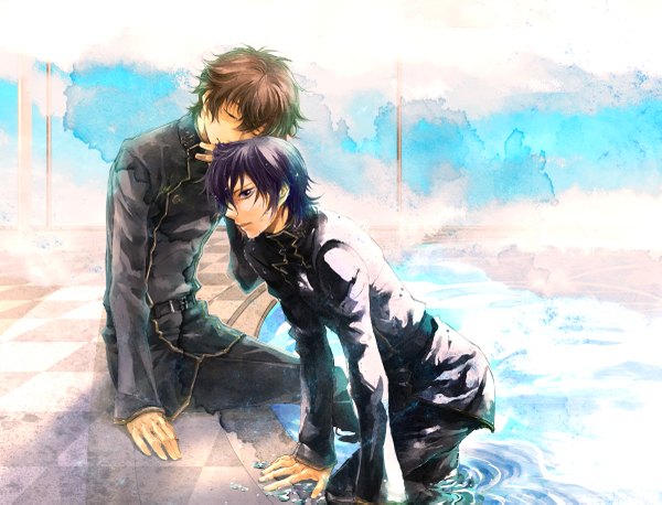 Anime picture 1200x917 with code geass sunrise (studio) lelouch lamperouge kururugi suzaku short hair brown hair purple eyes purple hair eyes closed wet checkered floor boy water suit