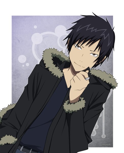 Anime picture 2100x2580 with durarara!! brains base (studio) orihara izaya morrow single tall image highres short hair black hair simple background brown eyes signed open jacket fur trim border vector boy jacket belt fur