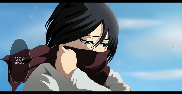 Anime picture 3925x2040 with shingeki no kyojin production i.g mikasa ackerman lworldchiefl single highres short hair black hair wide image absurdres sky inscription grey eyes coloring letterboxed crying speaking girl scarf speech bubble