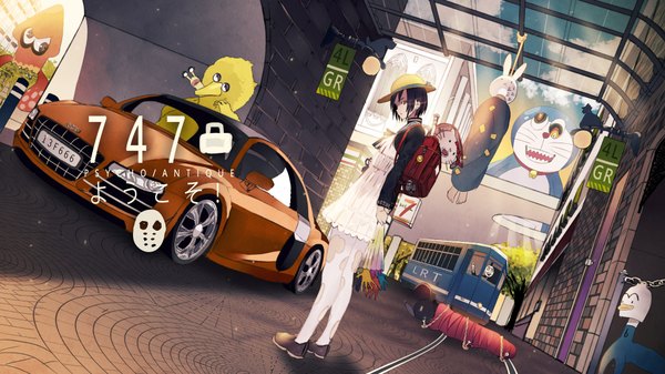 Anime picture 1920x1080 with doraemon original audi doraemon (character) tazuma (u283) looking at viewer fringe highres short hair black hair wide image standing yellow eyes sky cloud (clouds) outdoors sunlight open clothes open jacket girl