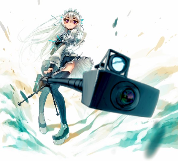 Anime picture 3871x3508 with hitsugi no chaika studio bones chaika trabant ox single long hair looking at viewer blush fringe highres standing purple eyes absurdres white hair long sleeves girl dress hair ornament weapon hat