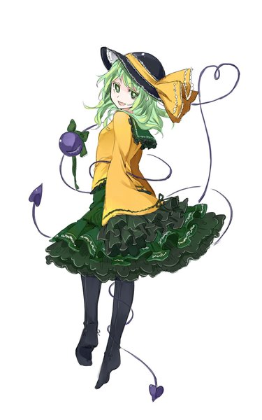 Anime picture 700x1120 with touhou komeiji koishi akagashi hagane single tall image looking at viewer short hair open mouth simple background smile white background green eyes long sleeves green hair no shoes girl bow hat pantyhose frills