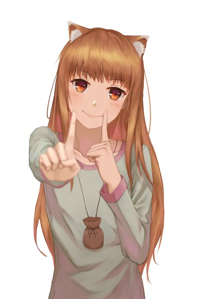 Anime picture 2480x3507 with spice and wolf horo youzi (small shabao) single long hair tall image blush fringe highres smile brown hair white background brown eyes animal ears upper body long sleeves head tilt outstretched arm finger to mouth wolf ears