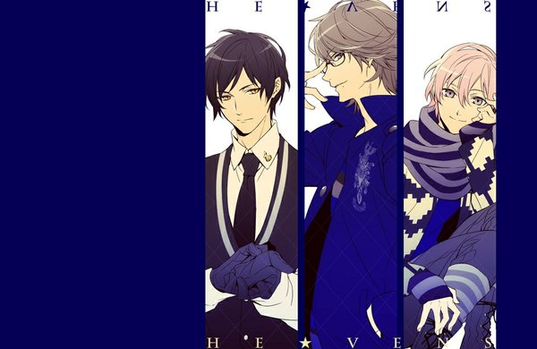 Anime picture 1000x650 with uta no prince-sama a-1 pictures mikado nagi sumeragi kira ootori eiichi xia (ryugo) looking at viewer short hair brown hair purple eyes brown eyes yellow eyes pink hair profile light smile multiple boys grey eyes blue background multiview hand in pocket