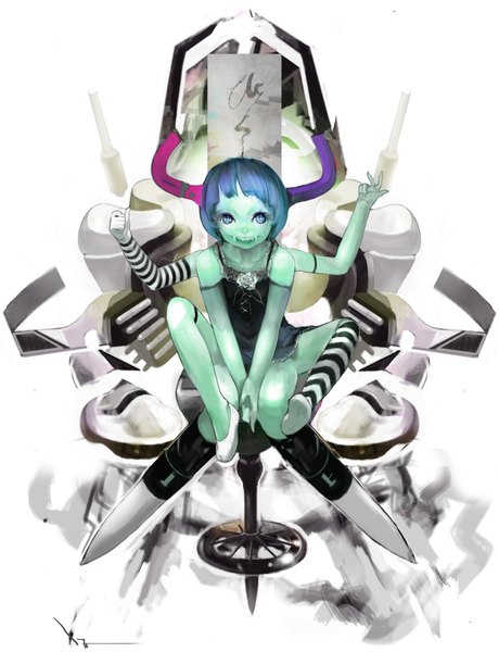 Anime picture 1458x1901 with uturo single tall image highres short hair blue eyes sitting blue hair horn (horns) teeth fang (fangs) striped sharp teeth girl dress rose (roses) monster hands