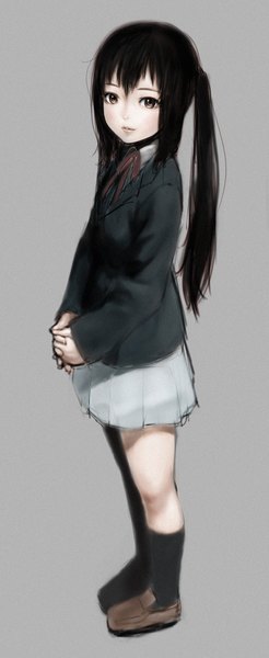 Anime picture 822x2000 with k-on! kyoto animation nakano azusa cozy single long hair tall image looking at viewer black hair simple background twintails brown eyes grey background girl skirt uniform school uniform miniskirt