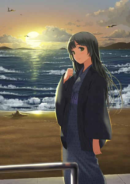 Anime picture 744x1052 with original yoropa single long hair tall image looking at viewer black hair green eyes sky cloud (clouds) outdoors traditional clothes japanese clothes evening sunset horizon girl animal kimono sea