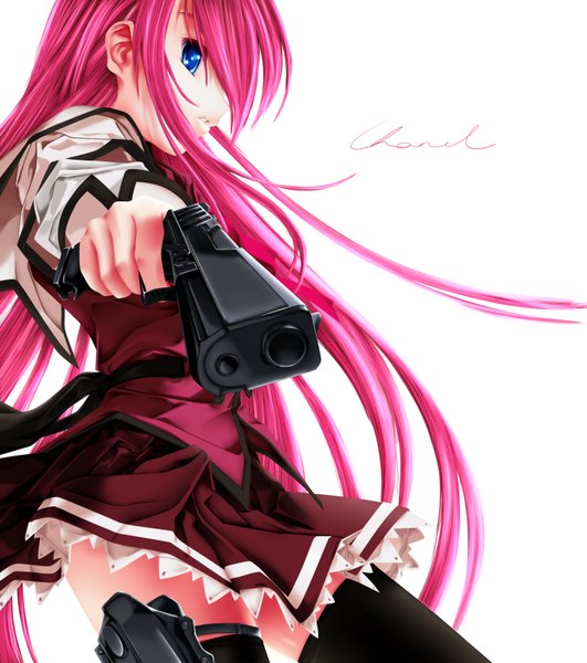 Anime picture 1416x1600 with koisuru otome to shugo no tate shuuji kisaragi chanelqueen17 single long hair tall image looking at viewer blue eyes simple background white background pink hair profile girl thighhighs black thighhighs miniskirt gun pistol