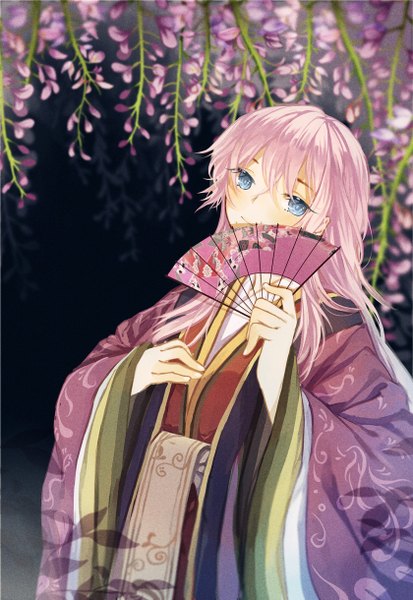 Anime picture 840x1220 with vocaloid megurine luka koyuiko single long hair tall image looking at viewer blush fringe blue eyes smile pink hair traditional clothes japanese clothes girl flower (flowers) kimono fan wisteria
