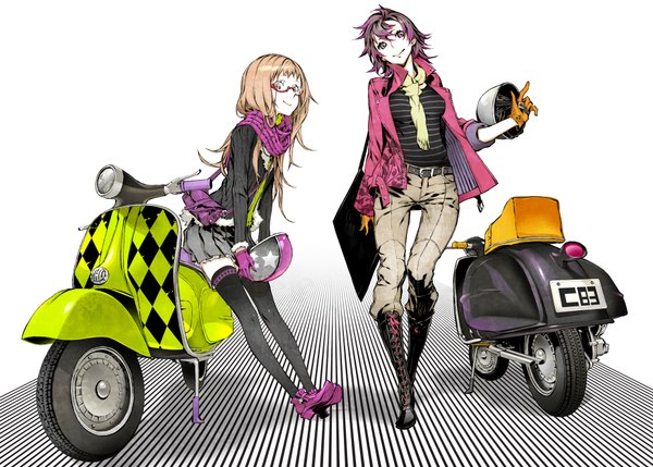 Anime picture 1846x1320 with original miwa shirow long hair highres simple background white background multiple girls purple hair orange hair open clothes open jacket grey eyes zettai ryouiki girl thighhighs skirt gloves 2 girls earrings glasses