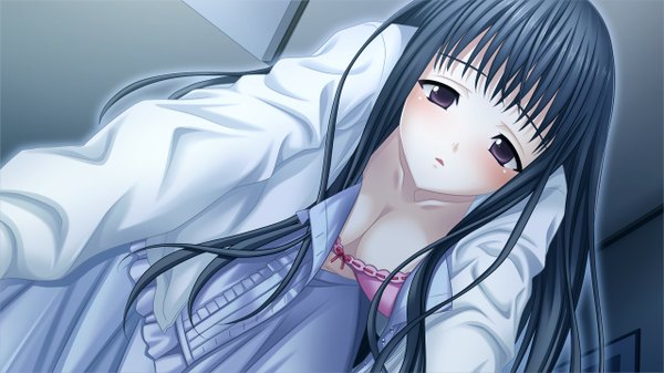 Anime picture 1280x720 with morobito kozorite (game) long hair blush breasts light erotic black hair wide image brown eyes game cg girl
