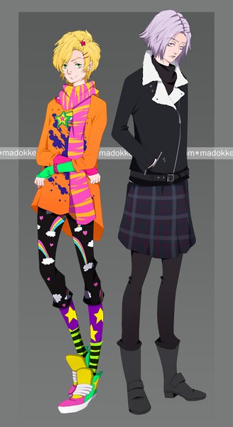 Anime picture 854x1560 with original nebeskaa tall image looking at viewer short hair simple background blonde hair standing purple eyes green eyes purple hair cloud (clouds) light smile grey background couple plaid skirt crossed arms hand in pocket plaid skirt