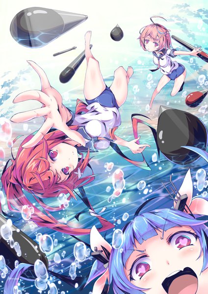 Anime picture 2480x3507 with kantai collection i-19 submarine i-58 submarine i-168 submarine litsvn long hair tall image looking at viewer fringe highres short hair open mouth light erotic red eyes multiple girls blue hair pink hair full body ahoge ponytail