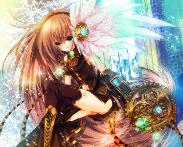 Anime picture 1280x1024 with vocaloid megurine luka long hair brown hair girl thighhighs hair ornament flower (flowers) detached sleeves boots hairband shield