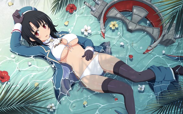 Anime picture 1920x1200 with kantai collection takao heavy cruiser shira-nyoro single highres short hair breasts open mouth light erotic black hair red eyes lying girl thighhighs navel flower (flowers) black thighhighs swimsuit bikini water