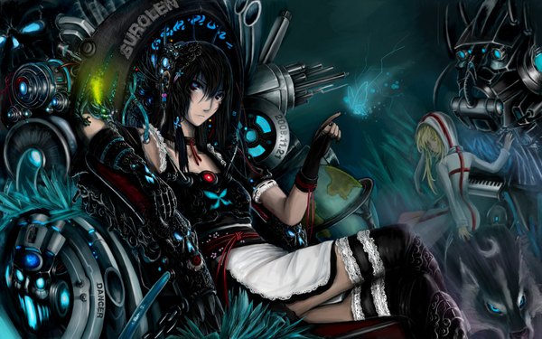 Anime picture 3840x2400 with original surolen (artist) long hair highres wide image multiple girls signed absurdres maid girl thighhighs gloves 2 girls choker fingerless gloves hood insect butterfly apron robot