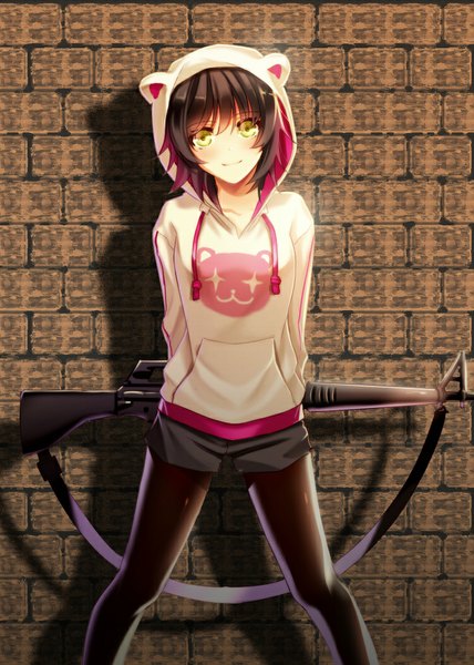 Anime picture 750x1050 with original ktsis single tall image looking at viewer blush short hair black hair yellow eyes girl weapon pantyhose shorts black pantyhose gun hood assault rifle