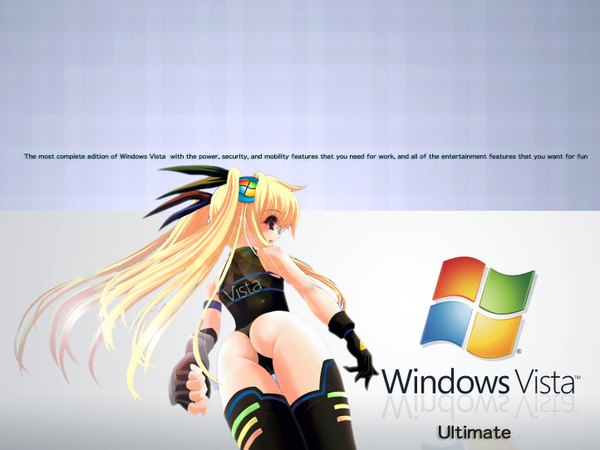 Anime picture 1444x1083 with mahou shoujo lyrical nanoha os-tan windows (operating system) fate testarossa single long hair open mouth light erotic blonde hair purple eyes ass third-party edit clothes writing girl