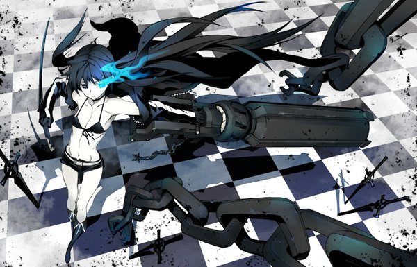 Anime picture 1364x877 with black rock shooter black rock shooter (character) miwa shirow single long hair blue eyes black hair twintails midriff glowing flat chest glowing eye (eyes) pale skin checkered floor arm cannon girl navel weapon sword shorts