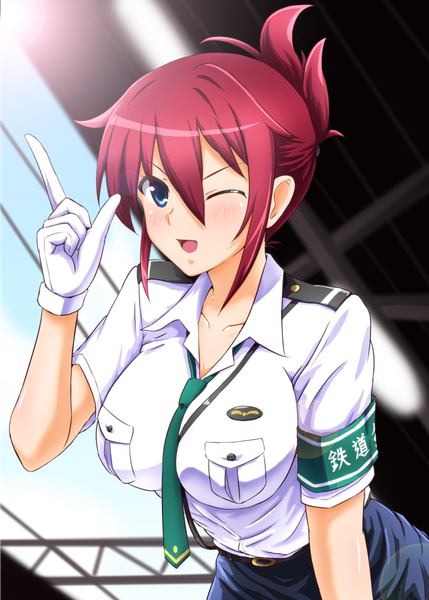 Anime picture 755x1056 with rail wars! sakurai aoi diesel-turbo single tall image looking at viewer blush short hair open mouth blue eyes red hair one eye closed wink folded ponytail girl gloves uniform shirt necktie white gloves