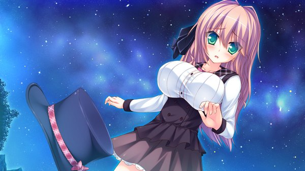 Anime picture 1280x720 with amatarasu riddle star hatta madori long hair blush breasts open mouth blonde hair wide image large breasts green eyes game cg night girl dress hat star (stars)