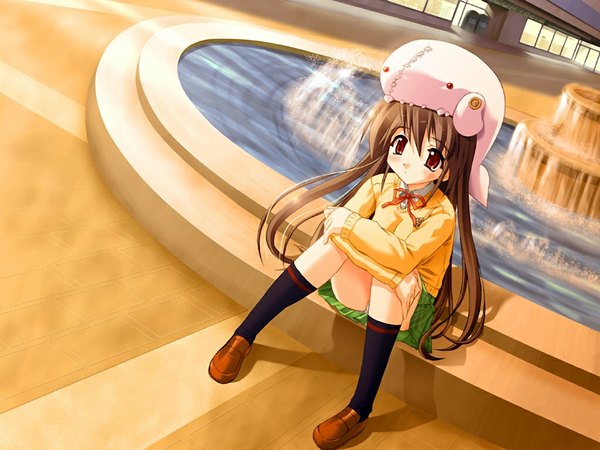 Anime picture 1024x768 with koimomo long hair light erotic red eyes brown hair game cg pantyshot sitting girl