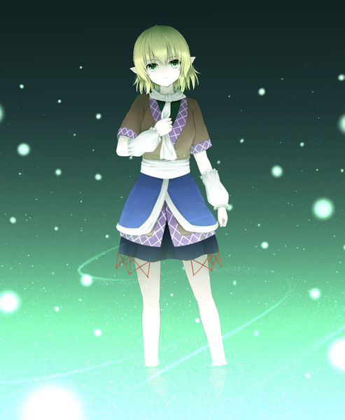 Anime picture 1150x1400 with touhou mizuhashi parsee 40cabbage single tall image looking at viewer short hair blonde hair green eyes pointy ears girl detached sleeves scarf insect fireflies