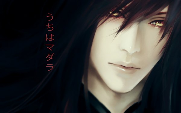 Anime picture 1938x1215 with original heimang (mang) single long hair looking at viewer fringe highres signed yellow eyes lips realistic black background boy