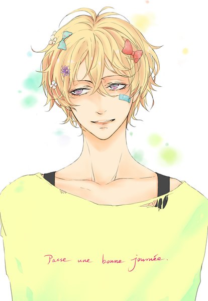 Anime picture 800x1158 with karneval yogi (karneval) eyokiki single tall image short hair open mouth blonde hair smile white background purple eyes looking away torn clothes text english bandaid on face boy bow hair bow bandaid