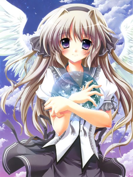 Anime picture 2358x3128 with izumi tsubasu single long hair tall image blush highres blonde hair purple eyes cloud (clouds) hug girl wings hairband earth