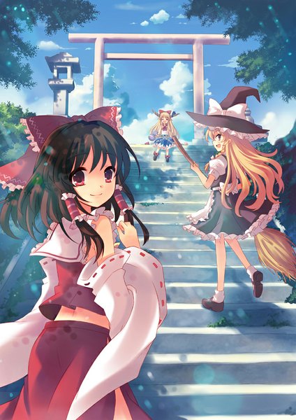 Anime picture 650x919 with touhou hakurei reimu kirisame marisa ibuki suika peach88 long hair tall image open mouth blonde hair smile red eyes brown hair multiple girls yellow eyes sky cloud (clouds) braid (braids) eyes closed traditional clothes looking back