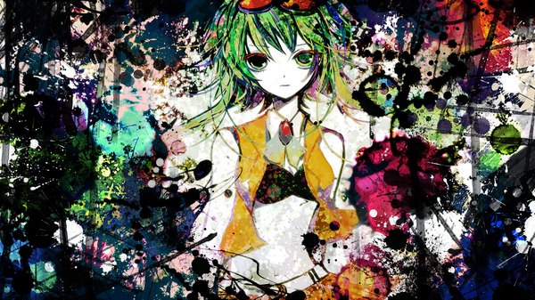 Anime picture 1800x1013 with vocaloid gumi sazanami shione single highres short hair wide image green eyes green hair heterochromia girl navel sunglasses
