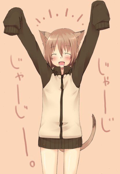 Anime picture 1409x2038 with original majima yuki single tall image blush short hair open mouth smile brown hair animal ears eyes closed arms up cat tail sleeves past wrists happy girl sweater clothes