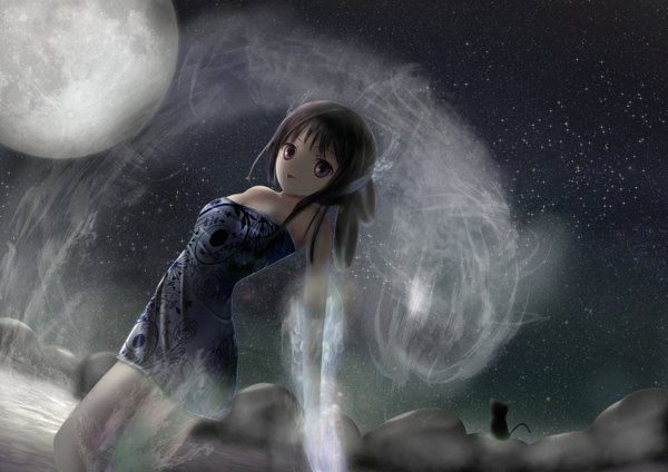 Anime picture 1403x992 with original myue (snowmoonlight) single short hair open mouth black hair purple eyes bare shoulders night girl dress moon cat