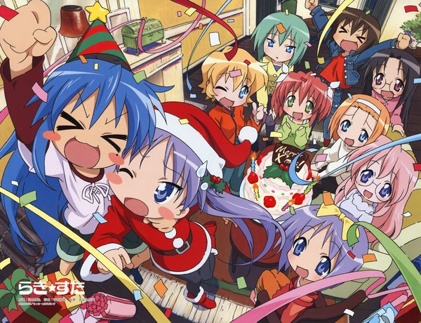 Anime picture 3960x3038 with lucky star kyoto animation izumi konata hiiragi kagami hiiragi tsukasa takara miyuki kusakabe misao kobayakawa yutaka iwasaki minami tamura hiyori patricia martin minegishi ayano takemoto yasuhiro highres multiple girls eyes closed scan mole official art mole under eye