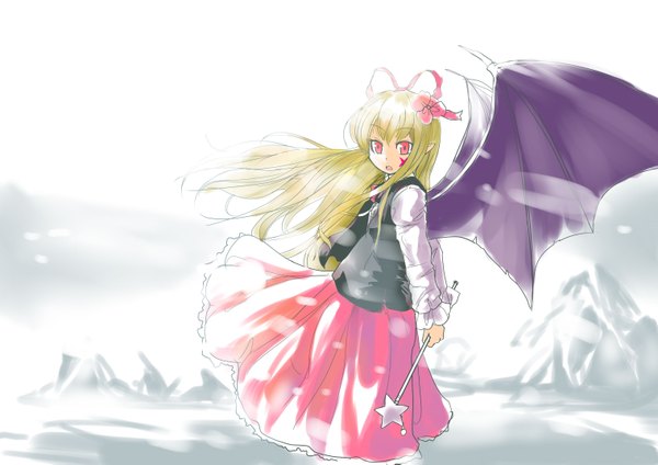 Anime picture 3035x2149 with touhou elis (touhou) culter single long hair highres blonde hair red eyes holding absurdres looking back hair flower winter demon girl bat wings girl dress hair ornament ribbon (ribbons) wings