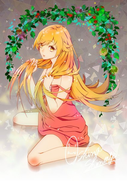 Anime picture 707x1000 with bakemonogatari shaft (studio) monogatari (series) oshino shinobu ninoude single long hair tall image looking at viewer fringe blonde hair sitting bare shoulders yellow eyes full body barefoot character names wariza girl dress