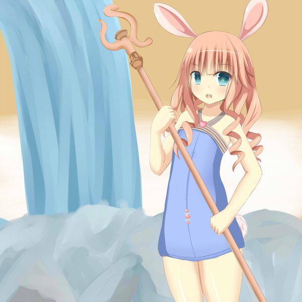 Anime picture 3000x3000 with tera online dowadowa (artist) single long hair blush highres open mouth blue eyes animal ears pink hair animal tail girl staff