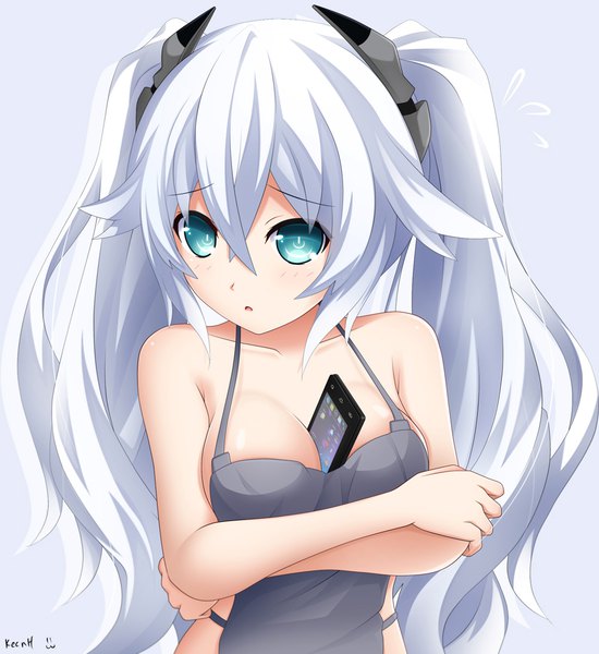 Anime picture 1000x1090 with choujigen game neptune noire black heart keenh single long hair tall image looking at viewer blush fringe breasts blue eyes light erotic simple background hair between eyes twintails bare shoulders signed payot white hair