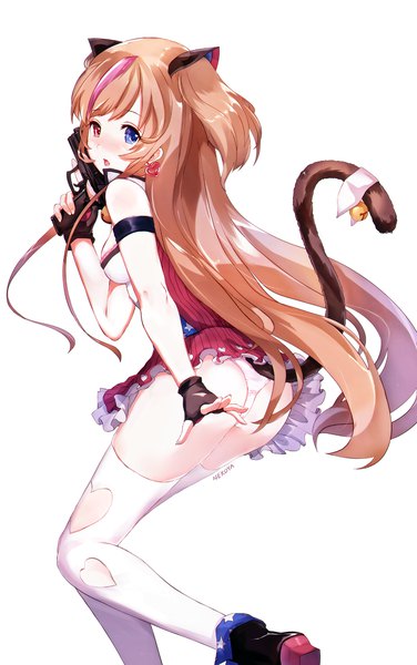 Anime picture 678x1080 with girls frontline mk23 (girls frontline) nekoya (liu) single long hair tall image looking at viewer blush fringe open mouth blue eyes light erotic simple background red eyes white background animal ears pink hair tail animal tail multicolored hair