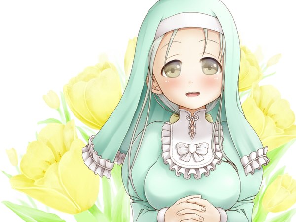 Anime picture 1600x1200 with original endou hiroto single brown eyes white hair nun girl flower (flowers)
