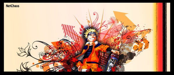 Anime picture 2273x980 with naruto studio pierrot naruto (series) uzumaki naruto netchaos single highres short hair blue eyes blonde hair wide image grin facial mark whisker markings jinchuriki abstract boy jacket bandana directional arrow