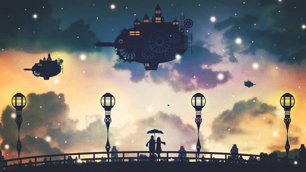Anime picture 1600x900 with snow white (solaris clock) solaris clock harada miyuki wide image standing holding sky cloud (clouds) outdoors night snowing silhouette girl dress boy plant (plants) scarf umbrella railing
