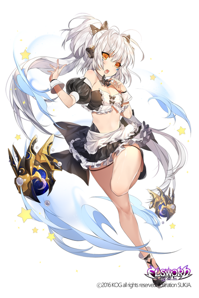 Anime picture 700x1050 with elsword eve (elsword) sorolp single long hair tall image looking at viewer blush fringe open mouth light erotic simple background hair between eyes white background twintails bare shoulders signed cleavage silver hair full body