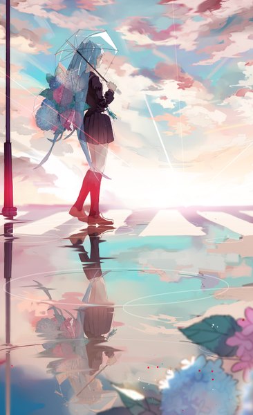 Anime picture 1900x3110 with vocaloid hatsune miku xiayu93 single tall image fringe highres standing twintails holding sky cloud (clouds) very long hair aqua eyes aqua hair from below reflection transparent umbrella girl skirt