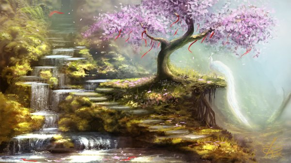 Anime picture 2560x1440 with jjpeabody highres wide image wallpaper cherry blossoms no people river flower (flowers) plant (plants) animal tree (trees) water bird (birds) peacock